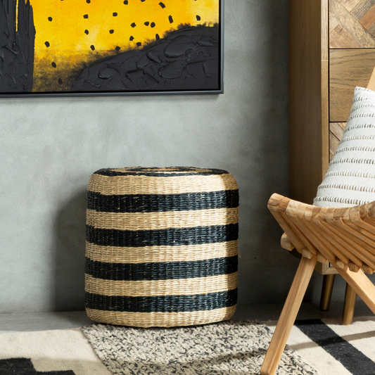Bea Seagrass Pouffe with Black Stripes
