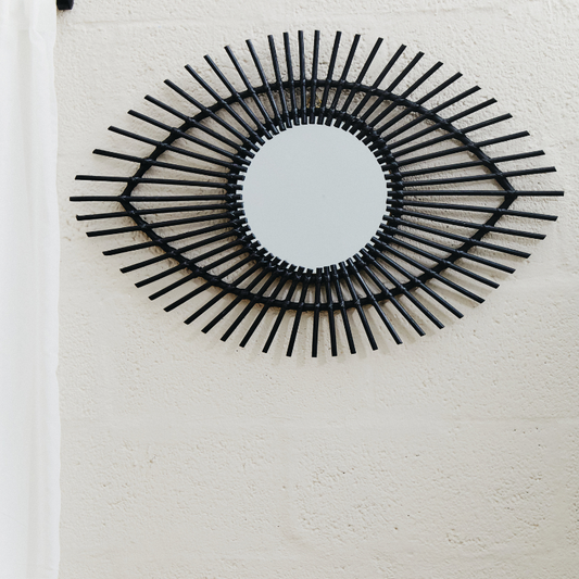 Calla Eye Shape Black Rattan Wall Mirror