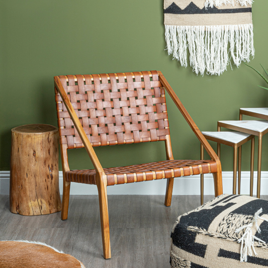 Ciara Tan Strapped Leather and Teak chair