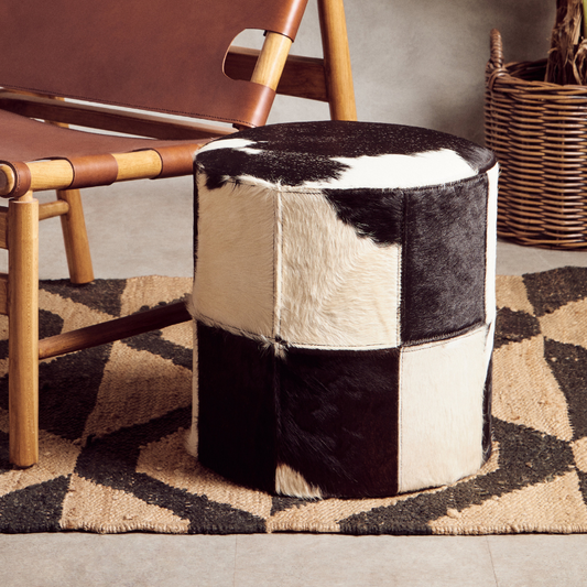 Lancaster Genuine Cowhide Ottoman Black & White
