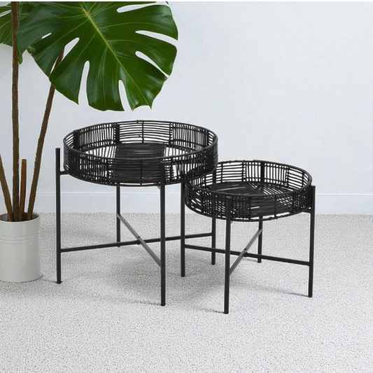 Rylee Set of 2 Black Rattan Side Table