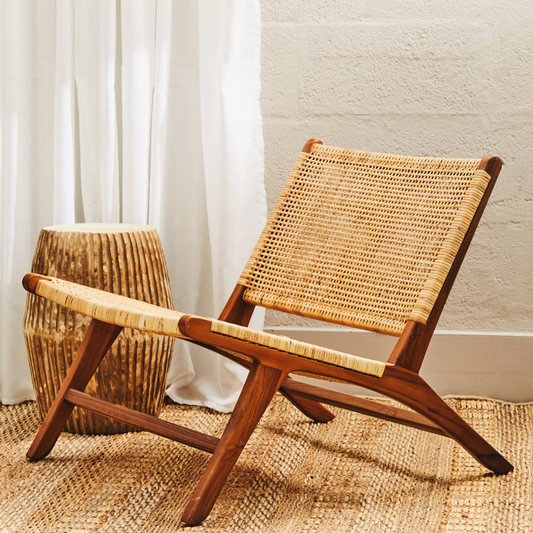 Snowben Teak Wood and Natural Rattan Lounge Chair