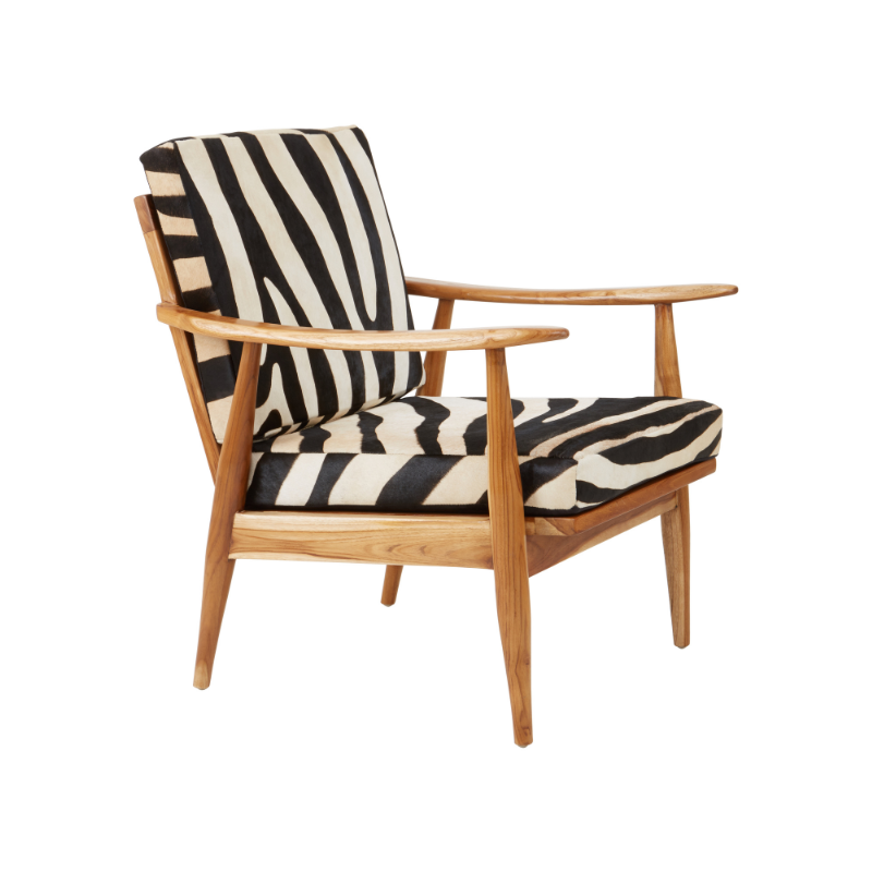 Renee Teak Wood Armchair with Zebra Pattern Leather Upholstery